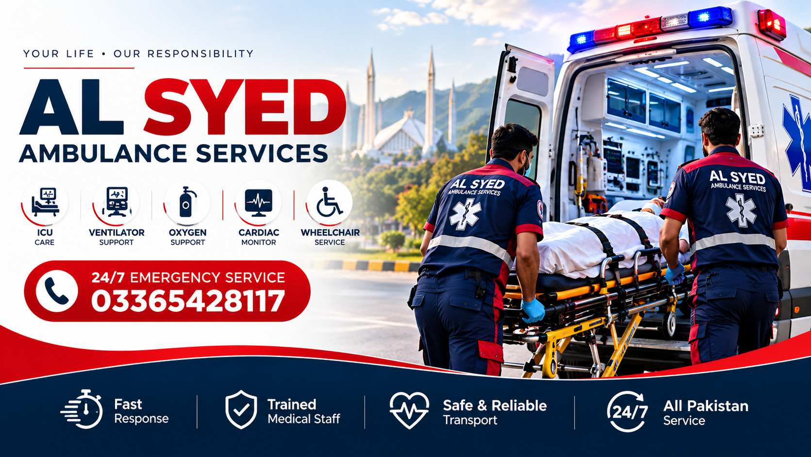 Emergency ambulance team providing patient care and medical support